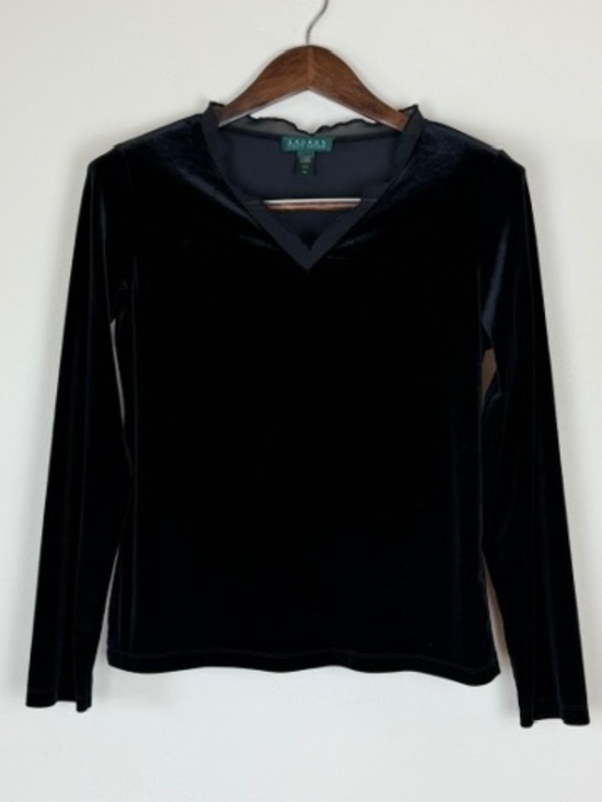Lauren Ralph Lauren Tops - Lauren Ralph Lauren Black Velour V Neck Blouse with Sheer Ruffle Collar Medium